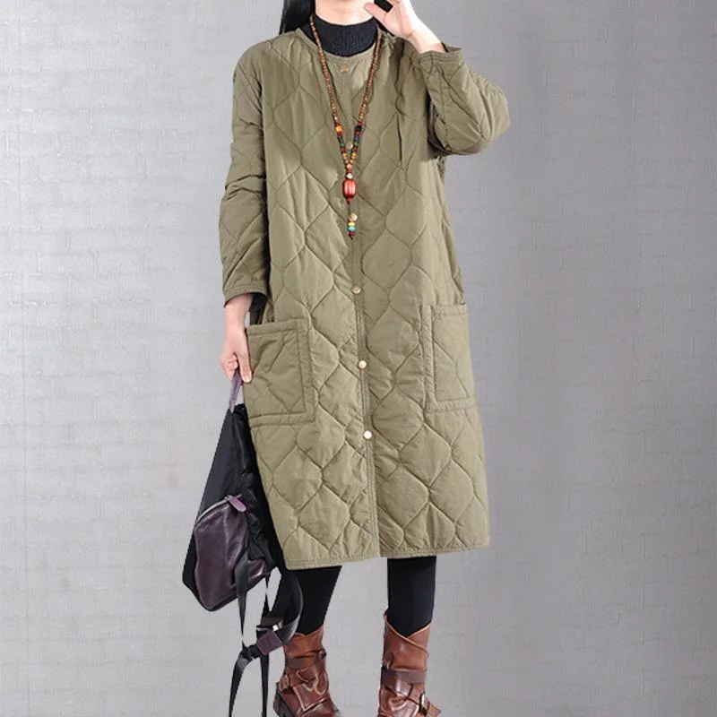 Casual army green womens coat soversized Coats o neck pockets winter outwear