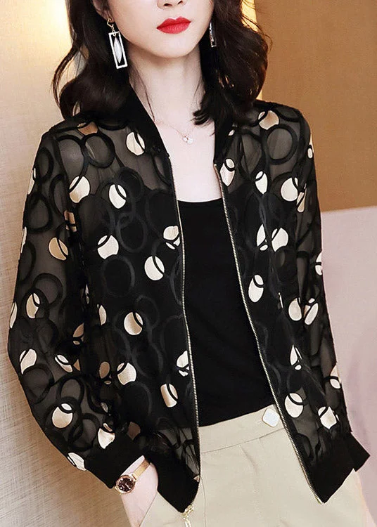 Casual Black V Neck Print Zippered Silk UPF 50+ Coat Long Sleeve