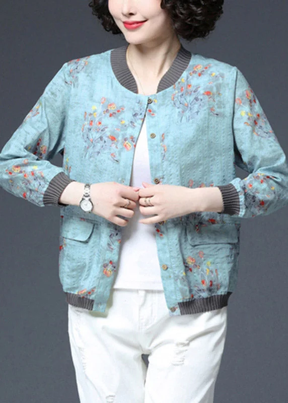 Casual Blue O-Neck Print Pockets Coats Long Sleeve