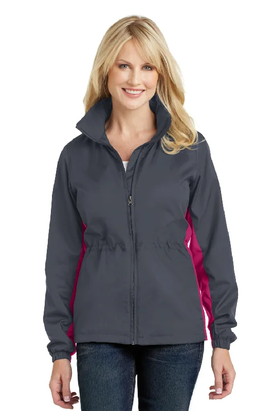 Port Authority Womens Core Wind & Water Resistant Full Zip Jacket - Battleship Grey/Dark Rose Pink - Closeout