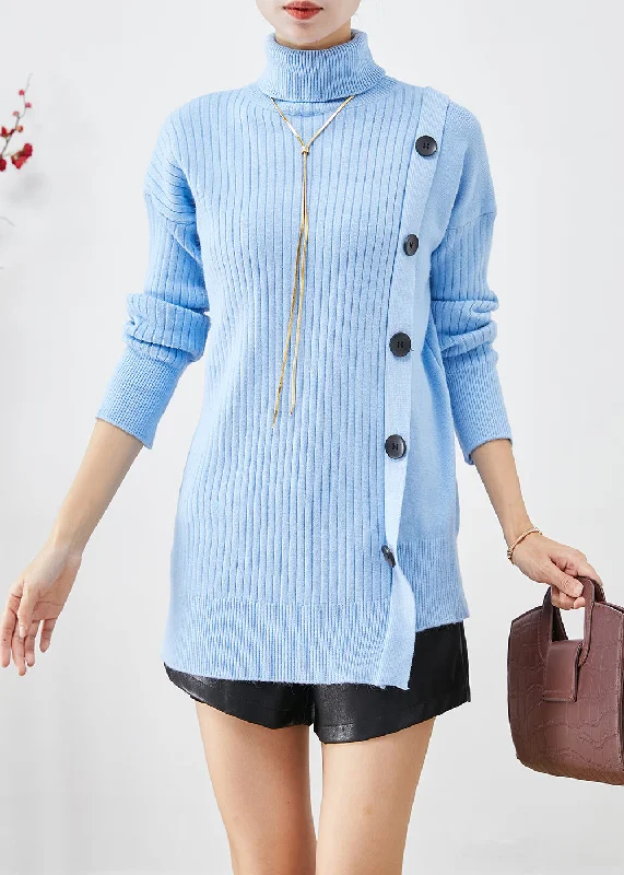 Handmade Blue Asymmetrical Patchwork Thick Knit Sweater Fall