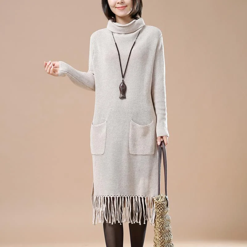 Khaki elegant knit dreses plus size sweaters tasssled dresses