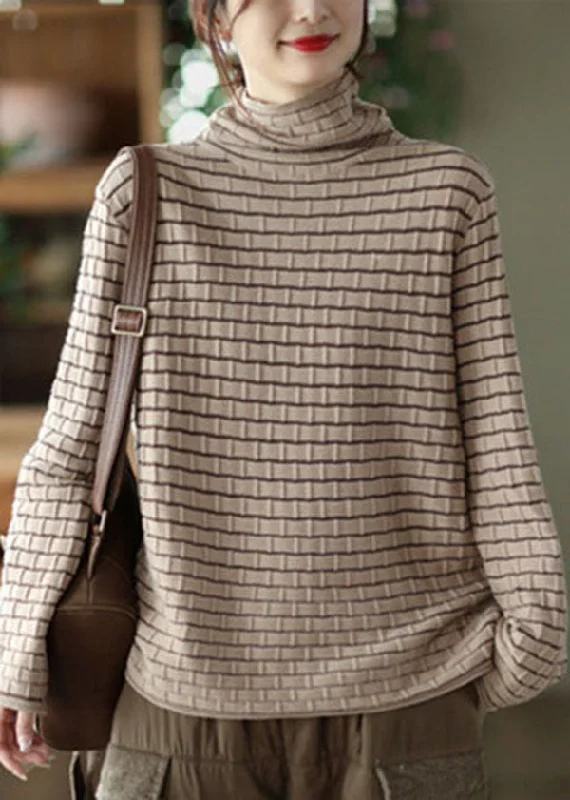 Khaki Striped Knit Sweater Tops Turtle Neck Oversized Winter