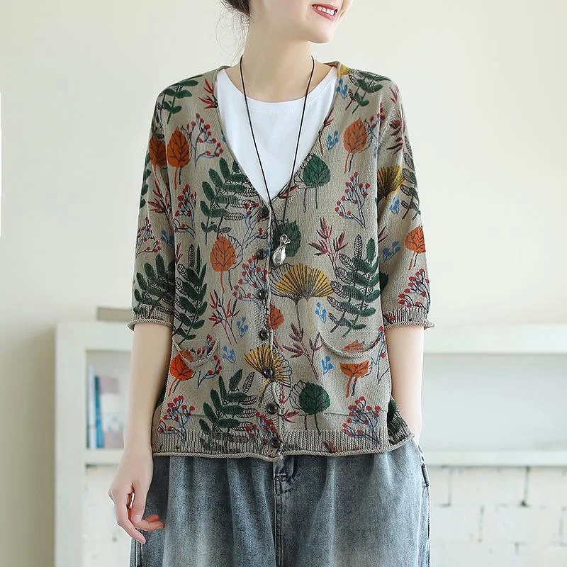 Leaf Print Sweater Half Sleeve 100% Cotton Knit Shirt