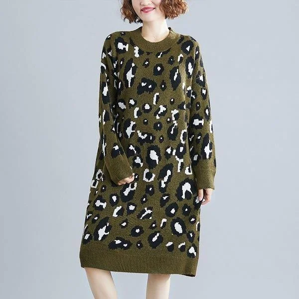 long sleeve plus size knitted leopard women casual loose midi autumn winter sweater elegant dress clothes