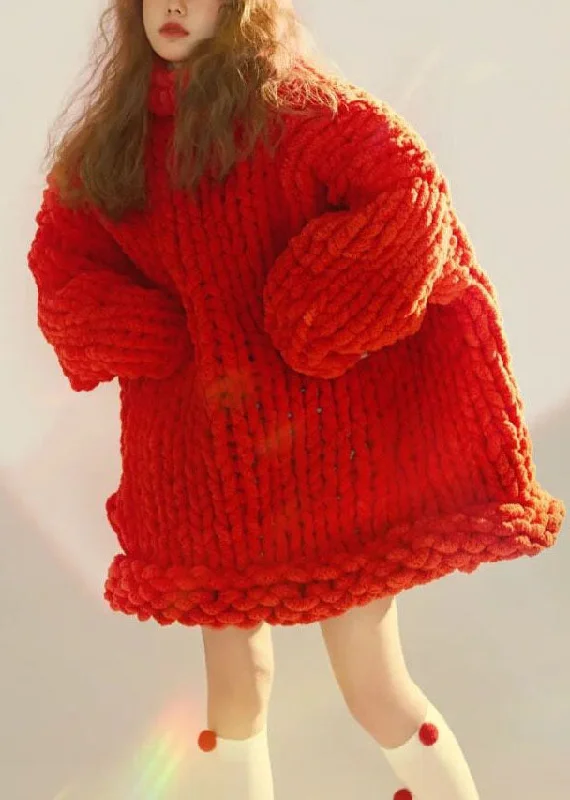 Loose Red Turtleneck Cozy Cable Cotton Knit Sweater Fall