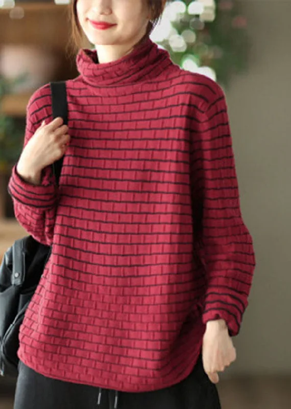 Modern Red Turtle Neck Striped Knit Loose Sweaters Winter