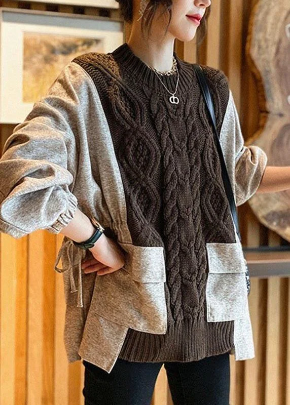 Natural Coffee Patchwork Pockets Cinched Thick Fall Knit Sweater