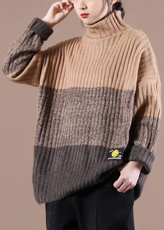 Natural Khaki Colorblock High neck Fall Knit Sweater