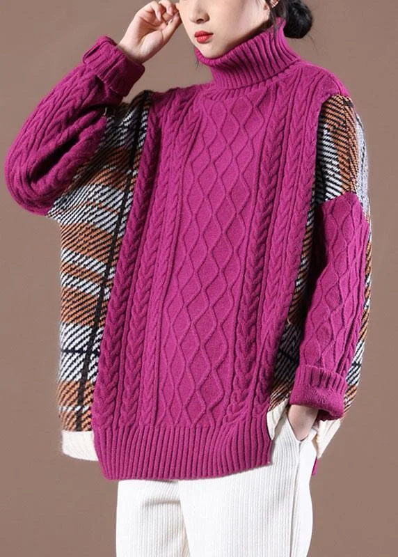 Natural Rose Patchwork High neck Casual Fall Knit Sweater