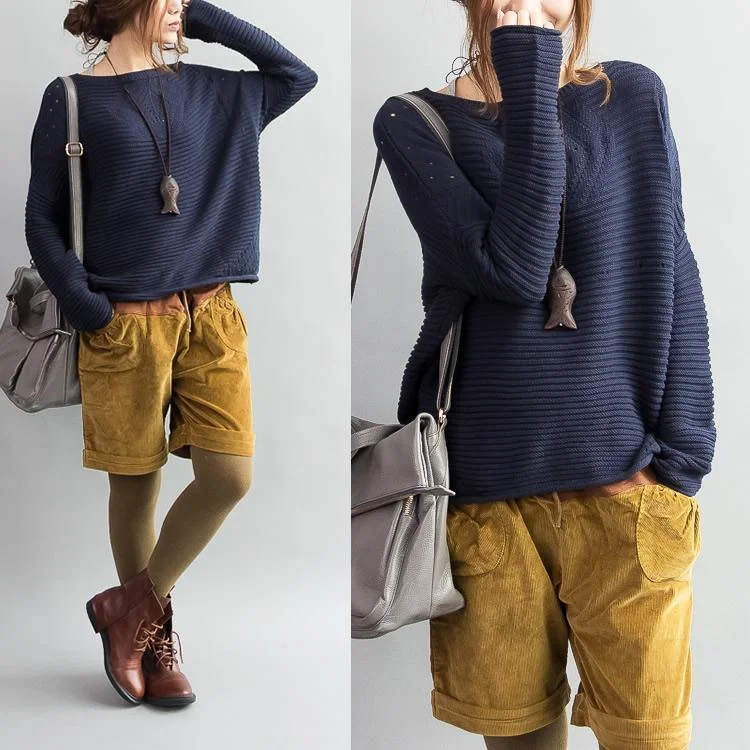 Navy cotton knit sweaters short chunky knitted tops pullover