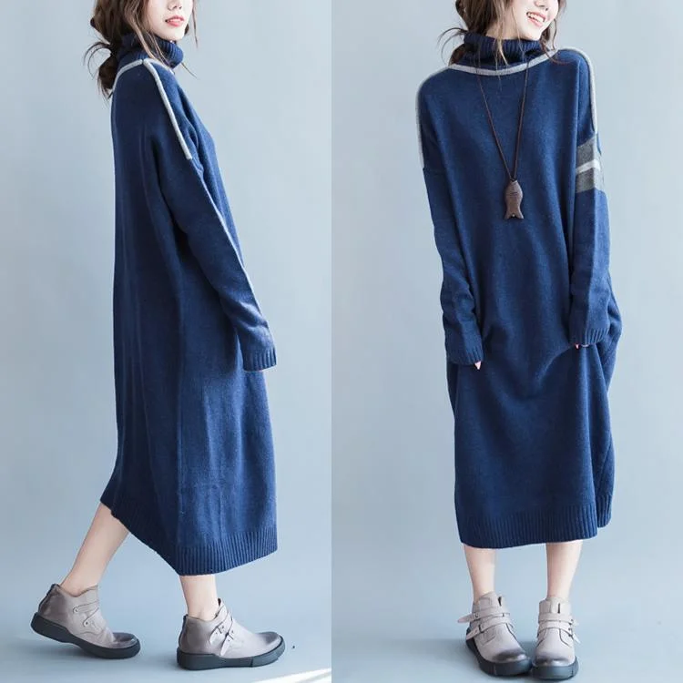 Navy Turtle Neck Long Knit Sweaters Dress Women's Oversized Winter Knitted Maxi Dress