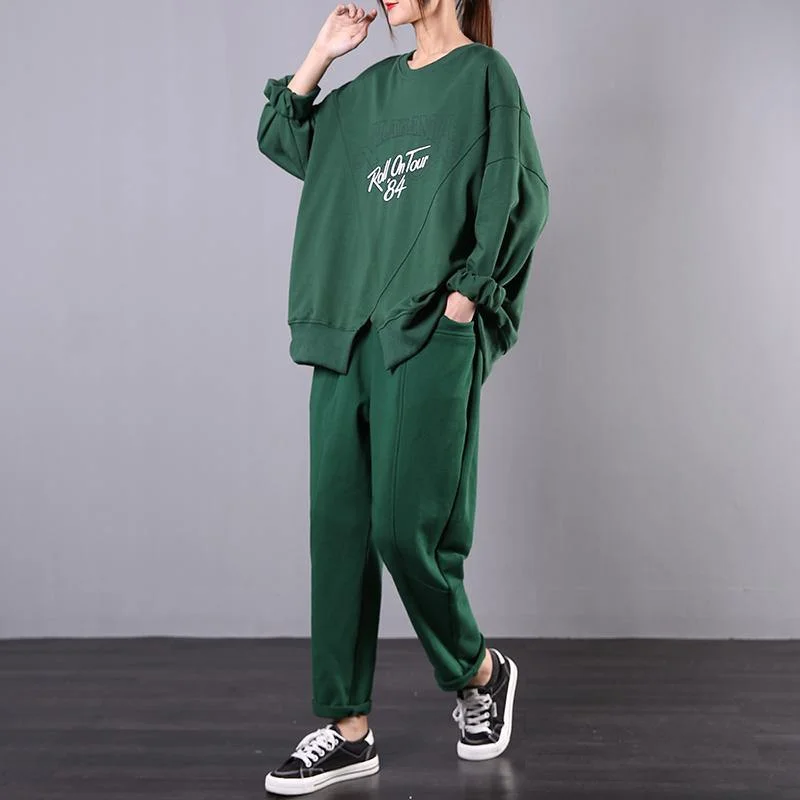 New large size green printed sweater harem pants two-piece