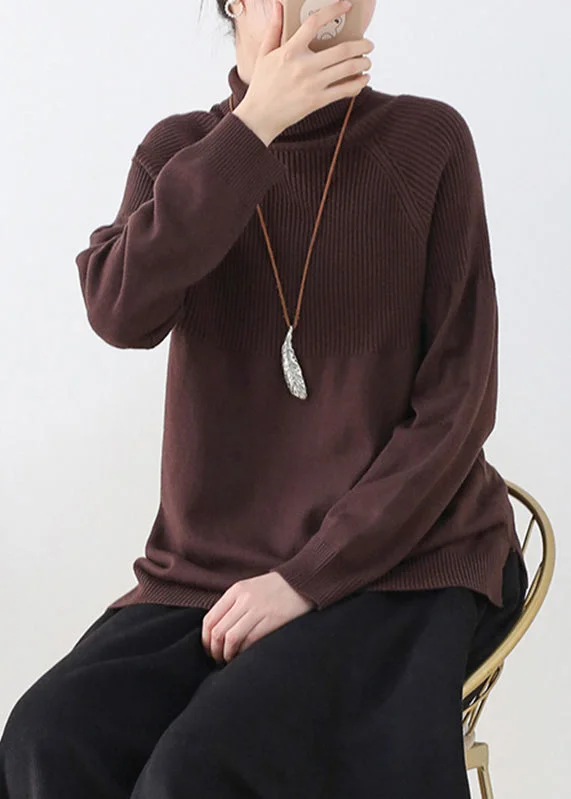 Organic Coffee Colour Turtleneck Thick Knit Sweaters Long Sleeve