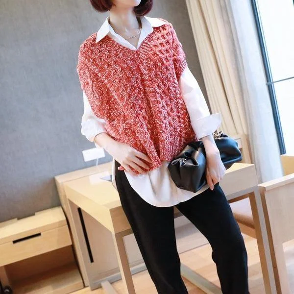 Patchwork Casual Side Split Sweater Women Tide Fashion New Style V Neck Collar Sleeveless Match All Elegant Top