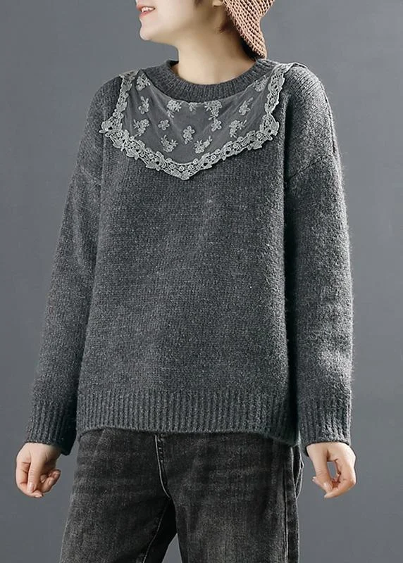 Pullover Dark Gray Sweater Tops O-Neck Knitted Blouse