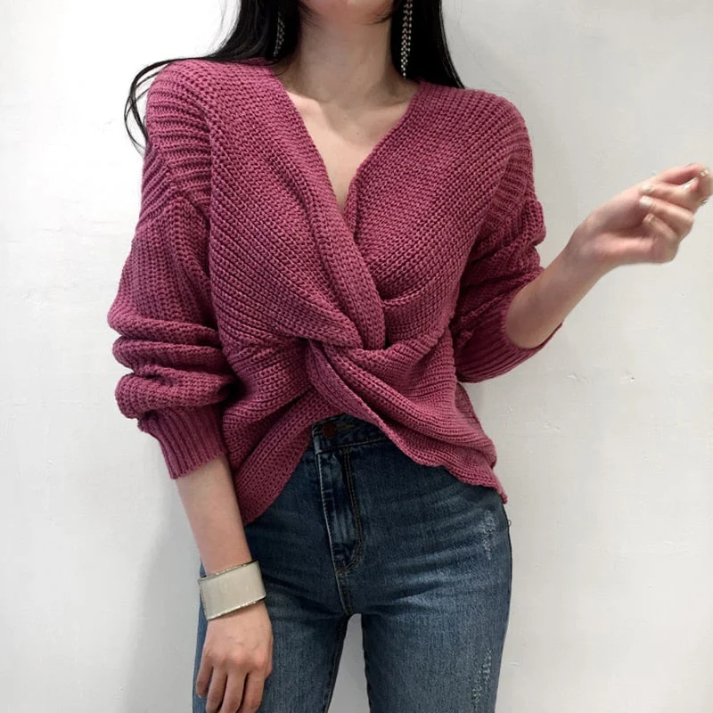 Sexy V Neck Twisted Sweater Women