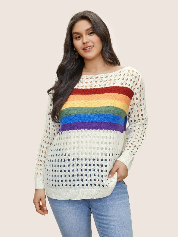 Contrast Striped Boat Neck Cut Out Sweater T-shirt