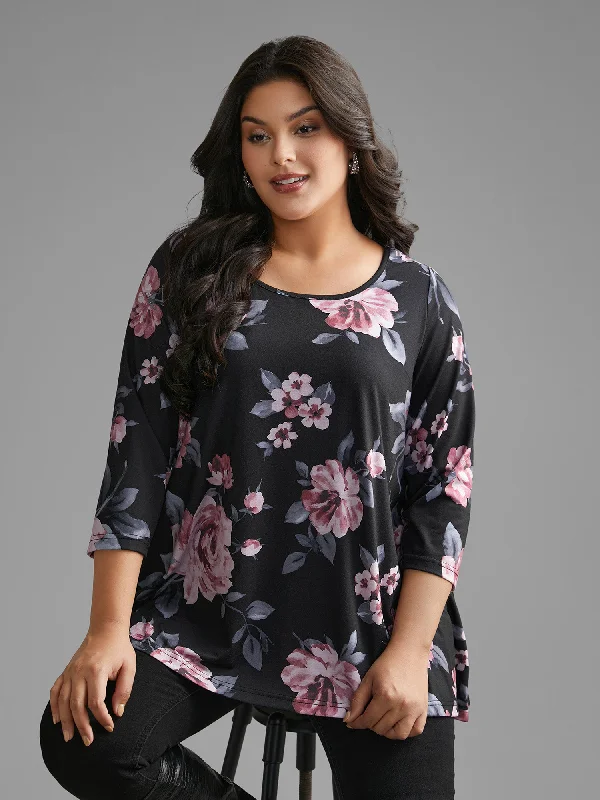 Floral Round Neck Asymmetrical Hem T-shirt