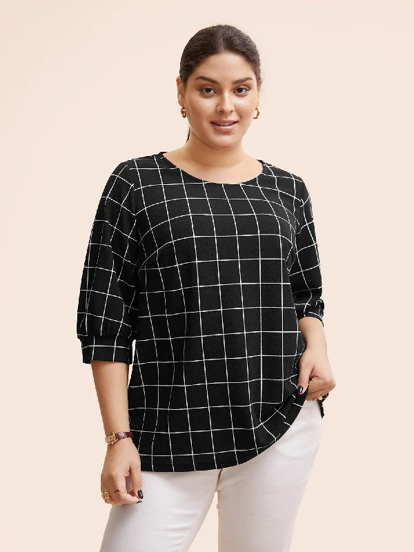 Plaid Round Neck Lantern Sleeve T-shirt