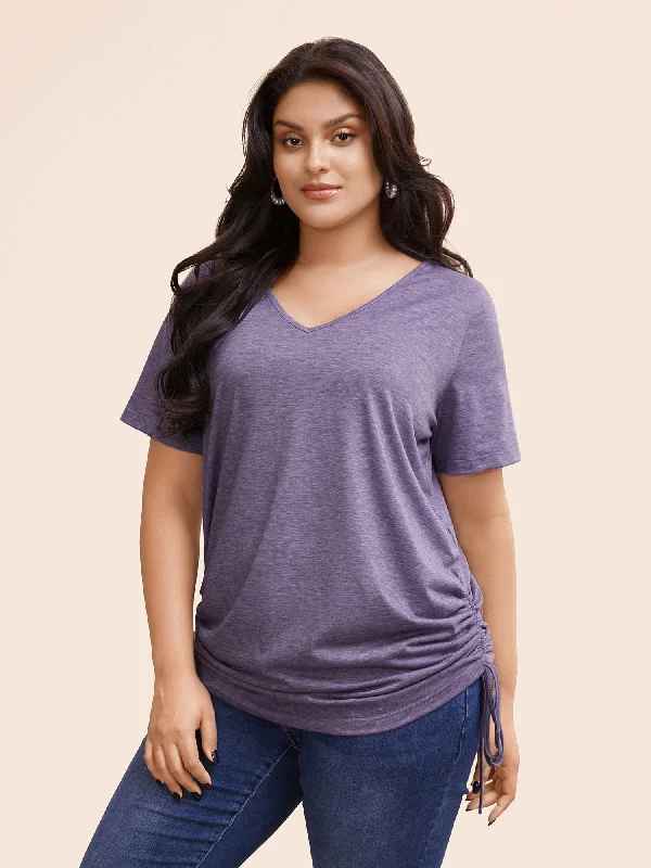 Plain Roll Sleeve Drawstring Side Ruched Hem T-shirt