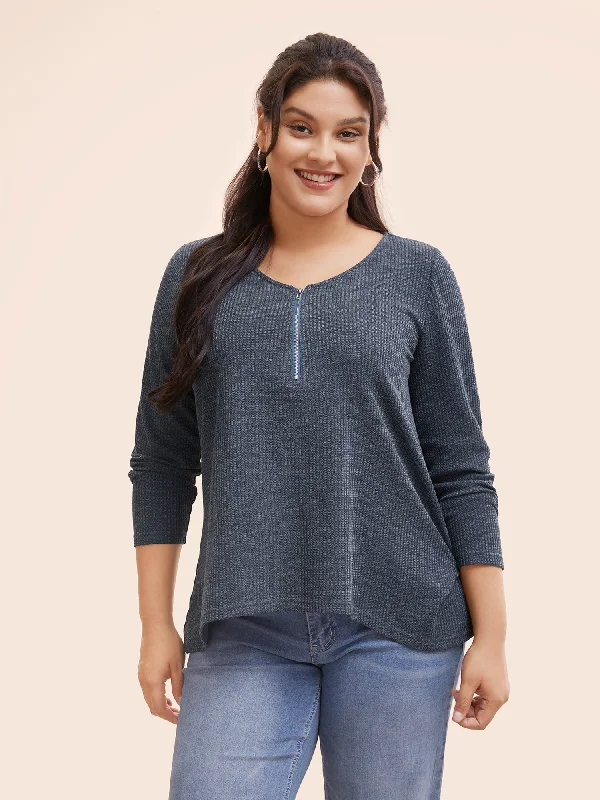 Rib Knit Half Zip High Low Hem T-shirt