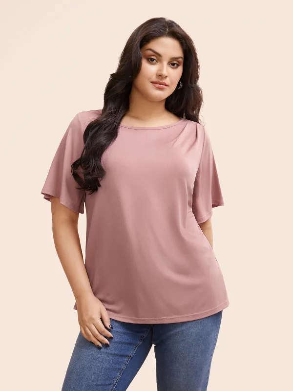 Solid Round Neck Plicated Detail T-shirt