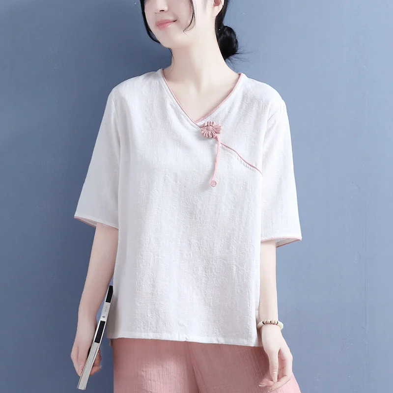 Summer Cotton Linen Skew Collar T-Shirt