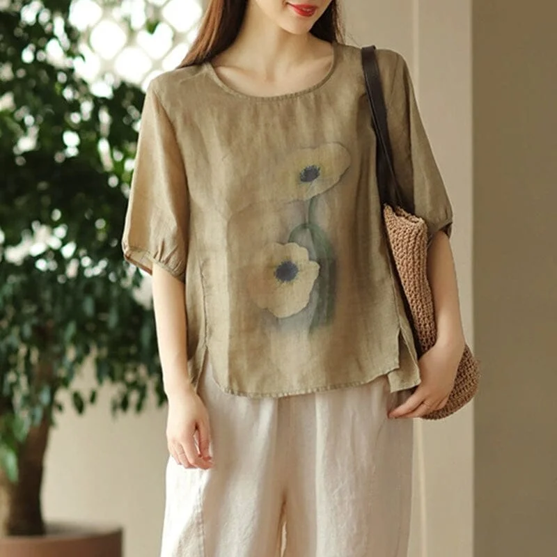 Summer Retro Casual Print Loose Linen T-Shirt