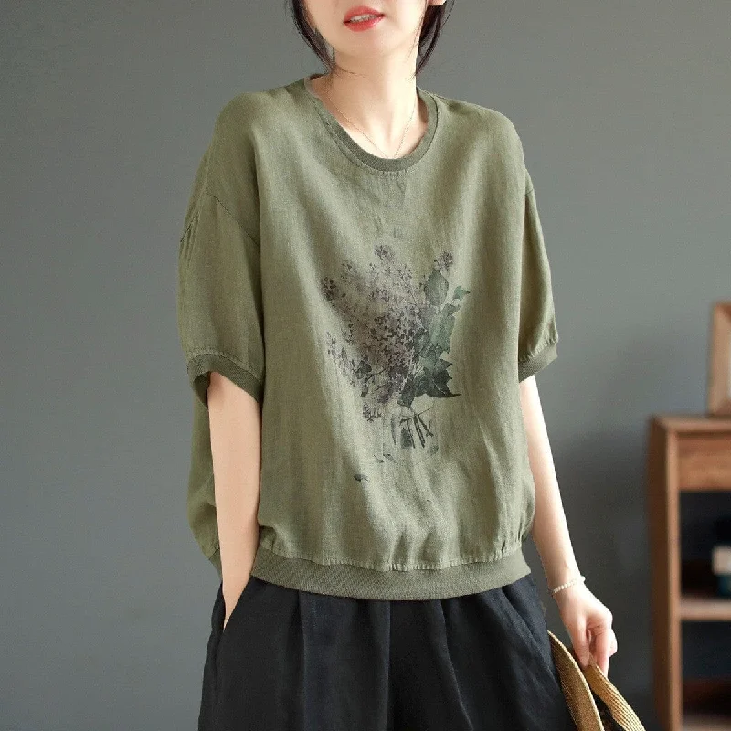 Summer Retro Print Loose Casual Linen T-Shirt