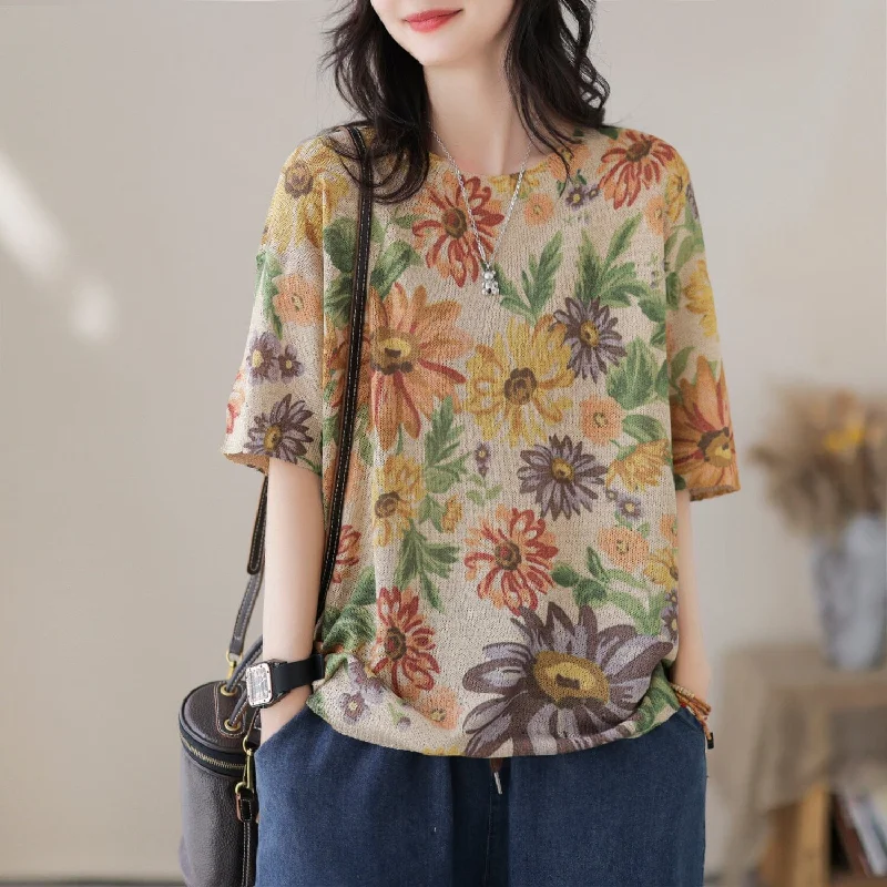 Summer Stylish Casual Floral Print Cotton Knitted T-Shirt