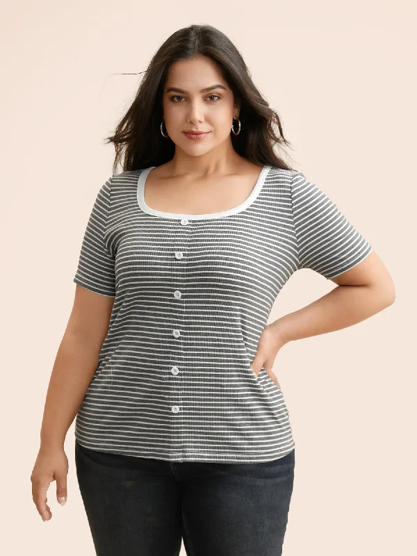 U Neck Striped Button Detail T-shirt