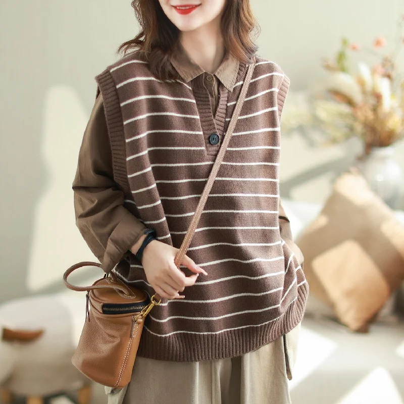 Women Autumn Casual Stripe Cotton Knitted Vest