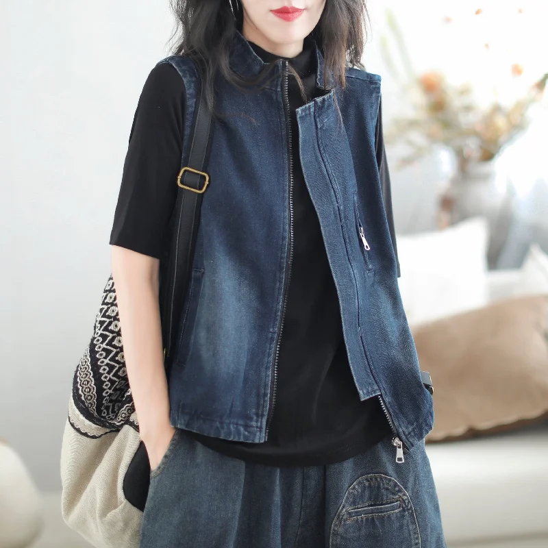 Women Loose Cotton Patchwork Denim Vest