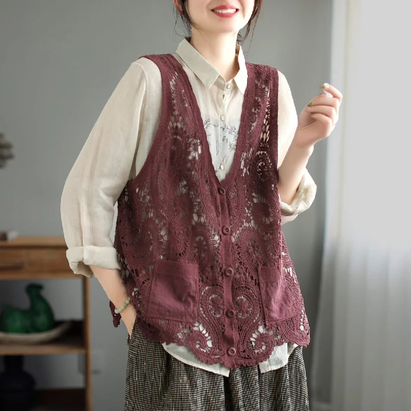 Women Retro Hollow Lace Cotton Vest