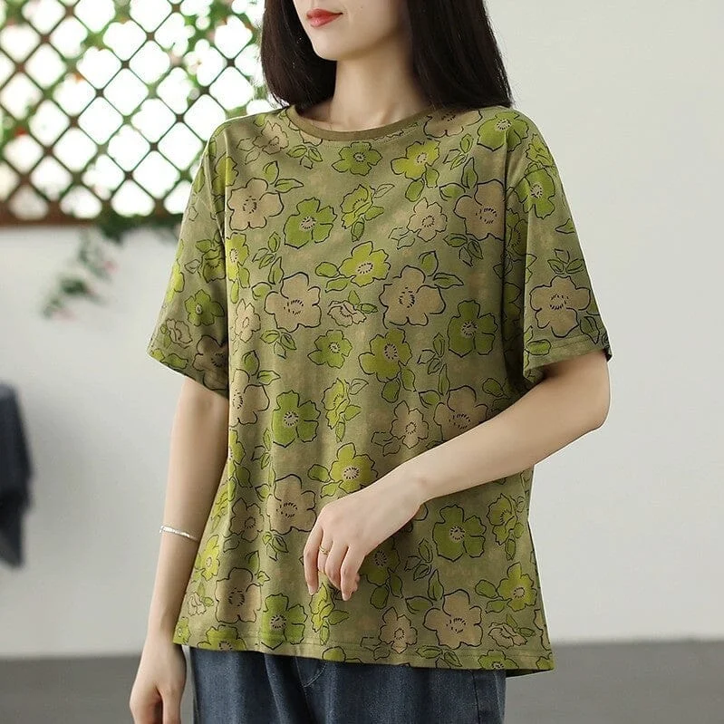 Women Summer Casual Floral Cotton T-Shirt