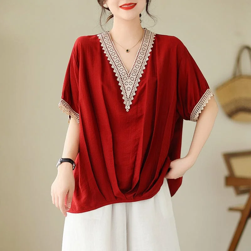 Women Summer Lace Trim Loose T-Shirt