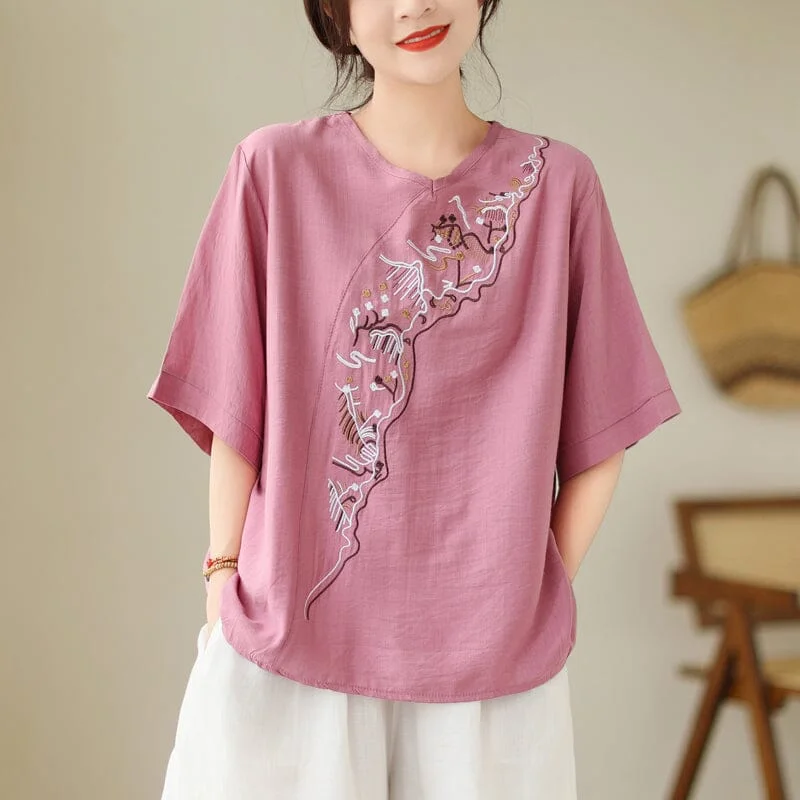 Women Summer Retro Embroideru Loose T-Shirt