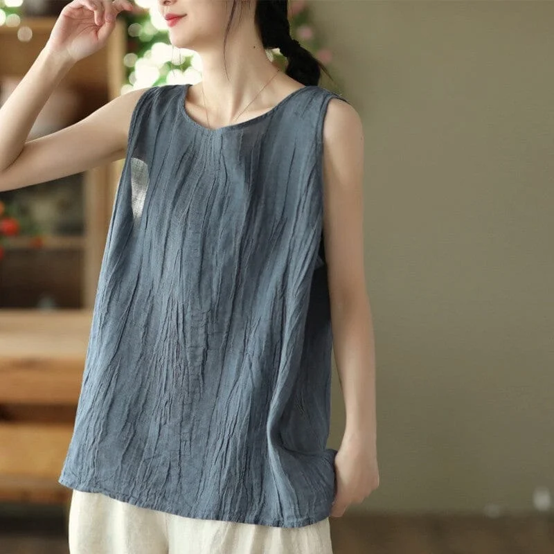 Women Summer Retro Pleated Linen Vest