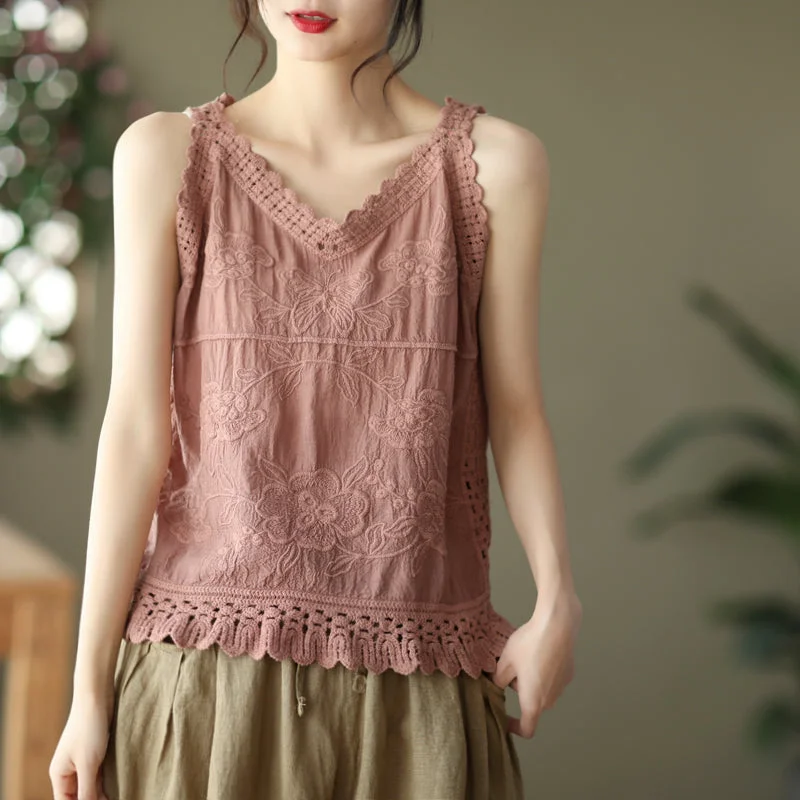 Women Vintage Floral Embroidery Hollow Trim Summer Vest