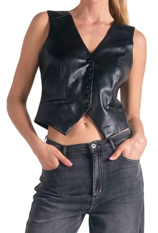 Button Front Vest In Black Vegan Leather