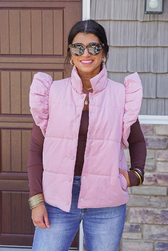 Ruffled Puffer Blush Quilted Vest