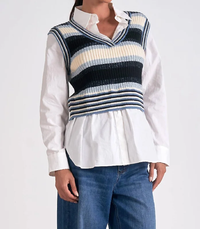 Sweater Vest Shirt Combo In Blue/black/white