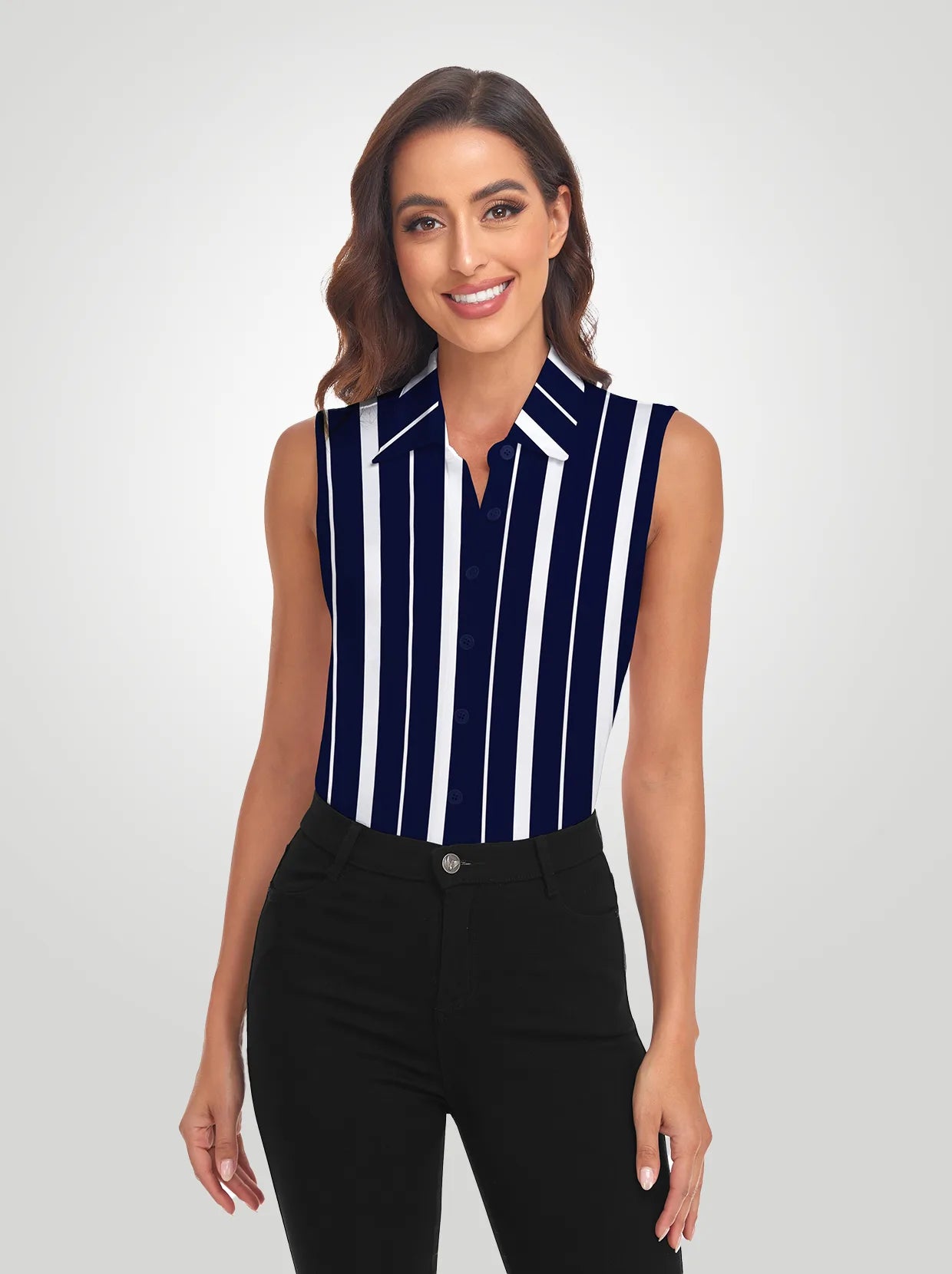 Black Stripe Button-Down Sleeveless Polo Shirts For Women