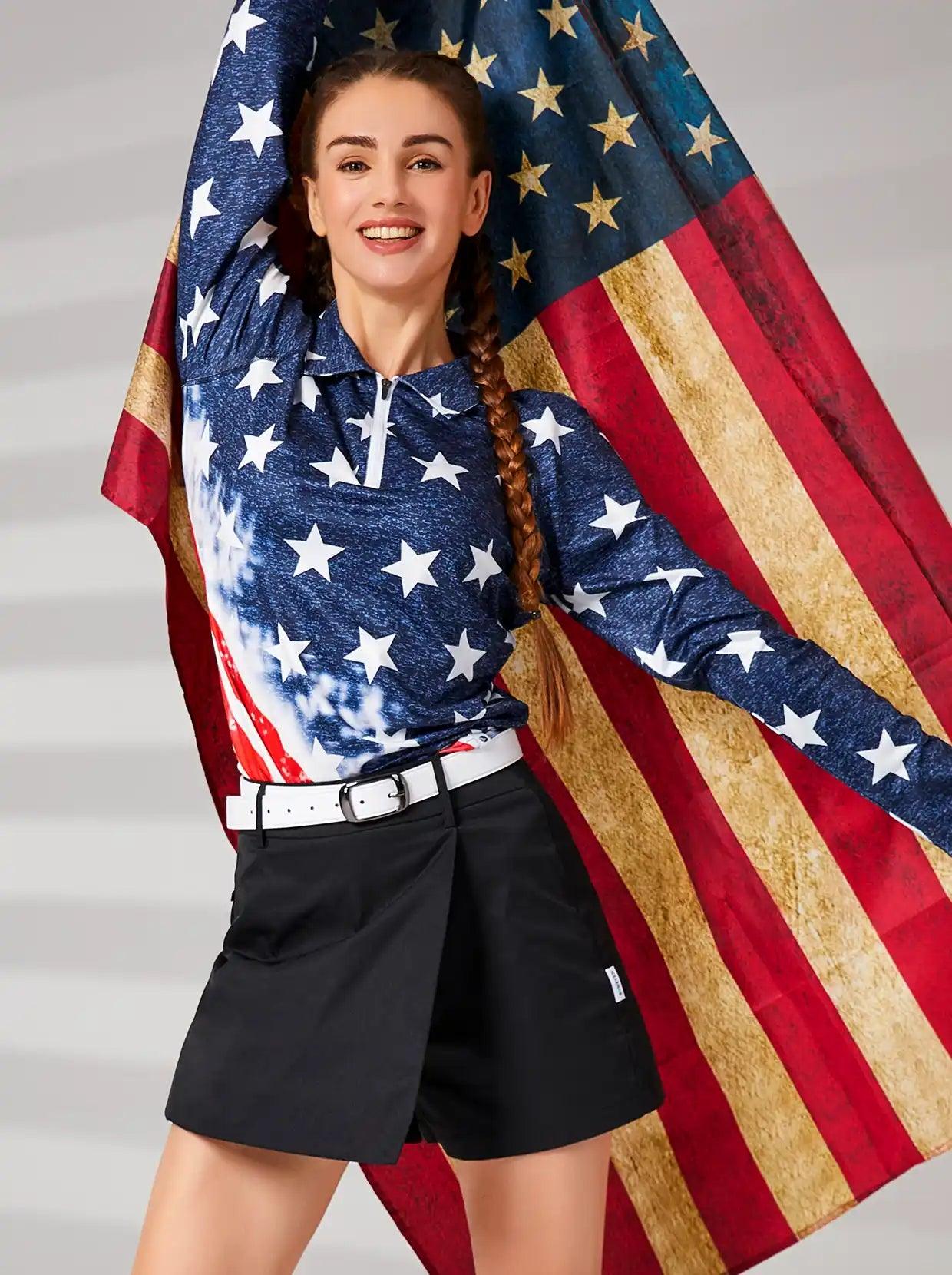 Blue American Flag Long Sleeve Polo Shirt For Women