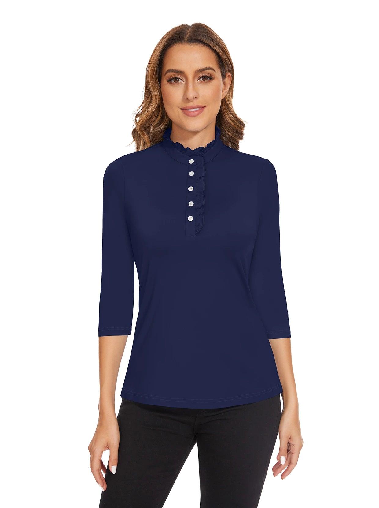 Dark Blue Ruffled-collar 3/4 Sleeve Polo Shirt for Women