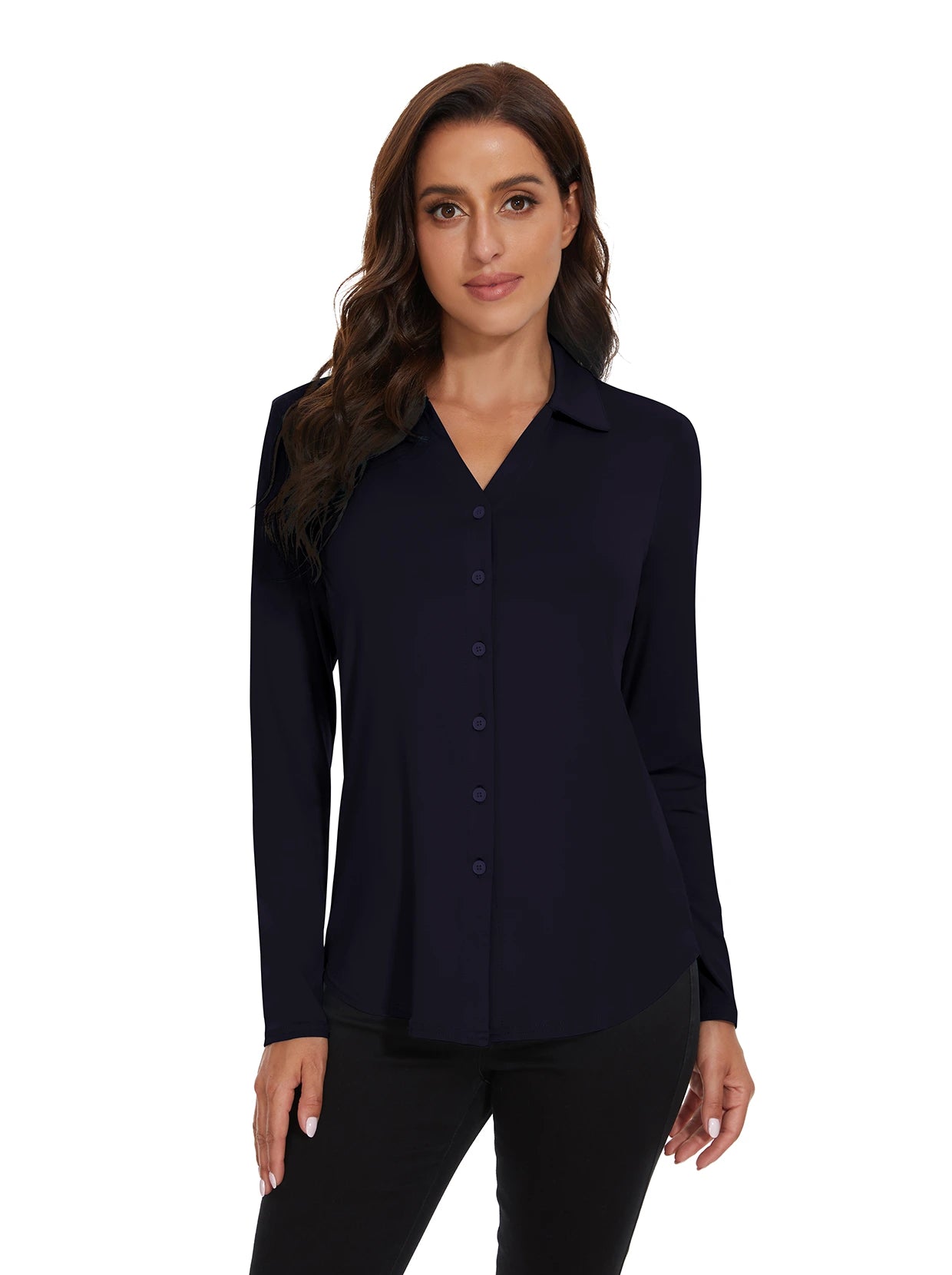 Dark Blue Button-down Long-sleeve Polo Shirt for Women