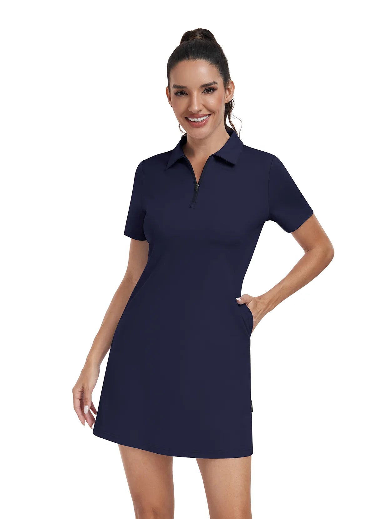 Dark Blue Zipper Short-Sleeve Polo Dress With Inner Shorts