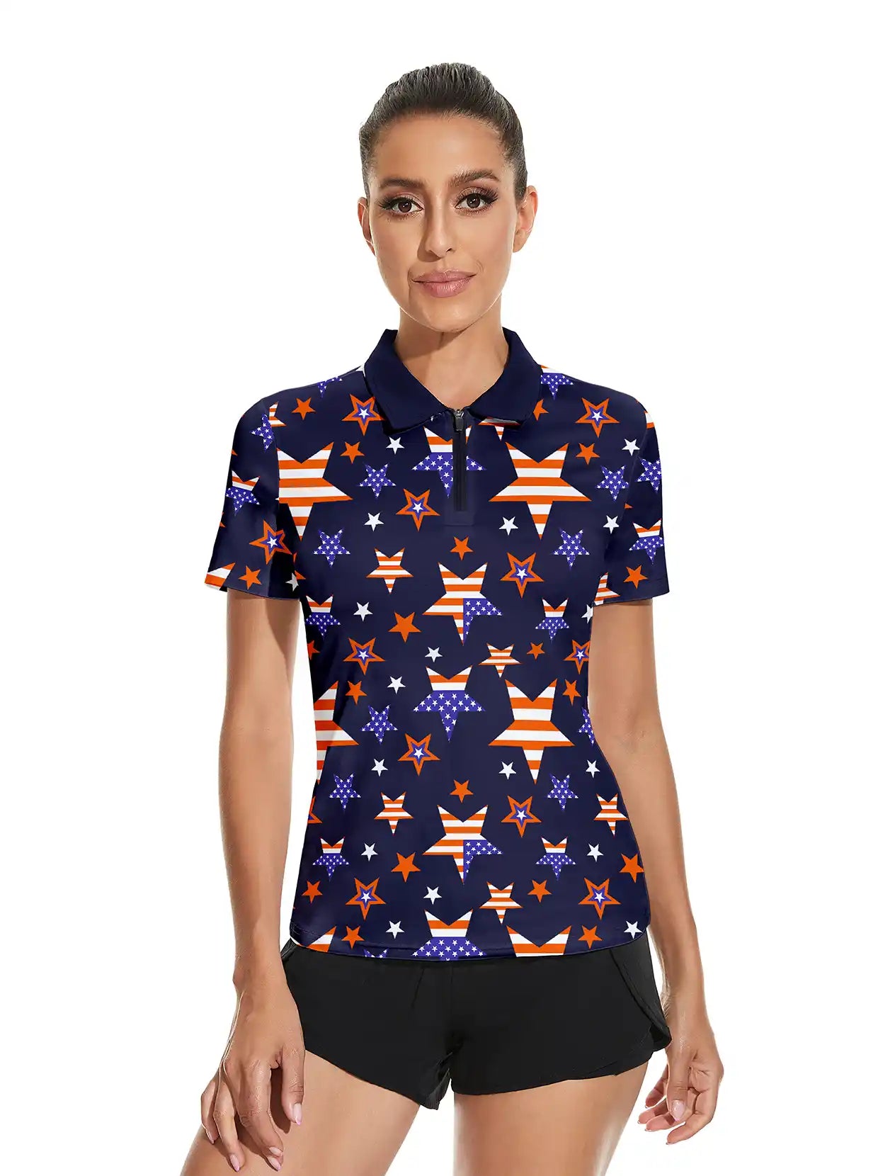 Blue and red Star Quarter-zip Short Sleeve Polo Shirt for Women