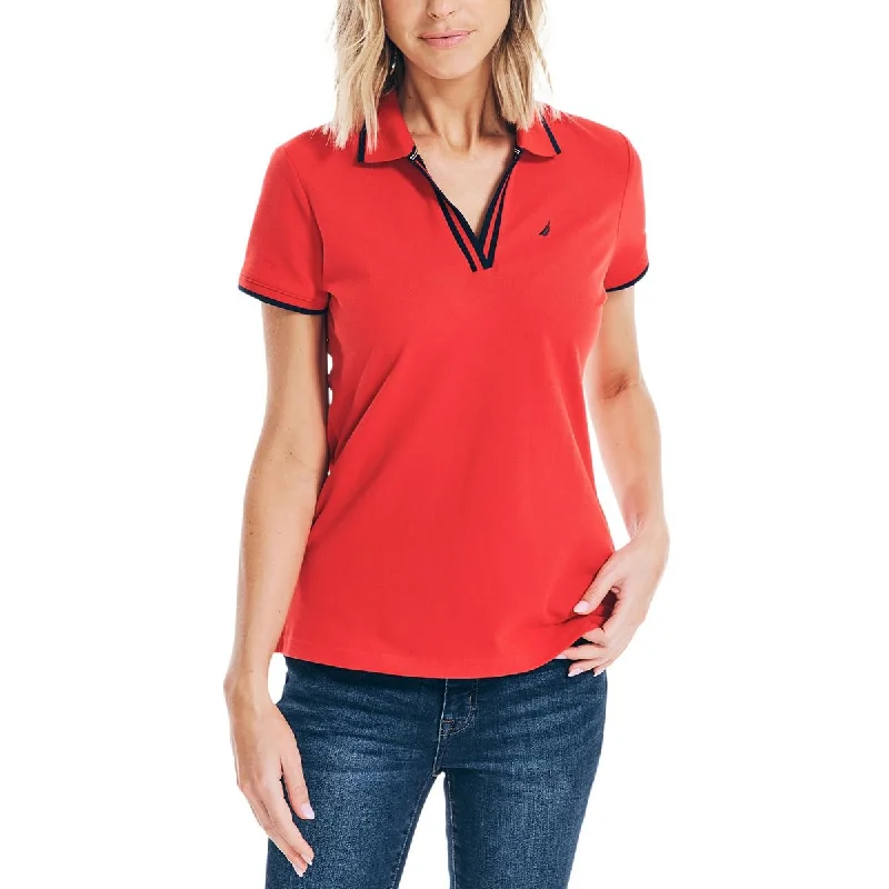 Nautica Womens Contrast Trim Split Neck Polo Top